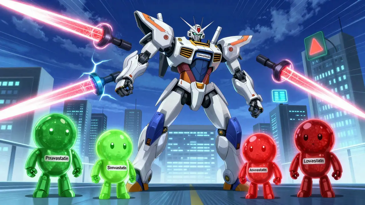 A robotic simvastatin dispenser fighting a grapefruit mech, with other statins in different states of alert.