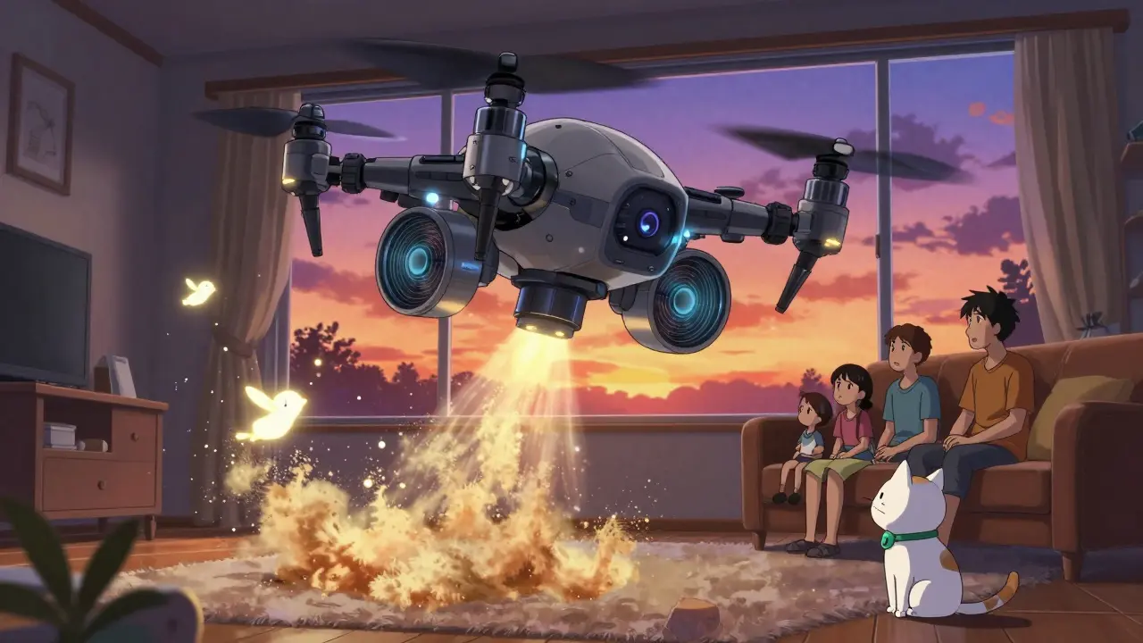 A robotic vacuum drone cleaning glowing dander sprites from a carpet, while a cat watches from a cozy couch.