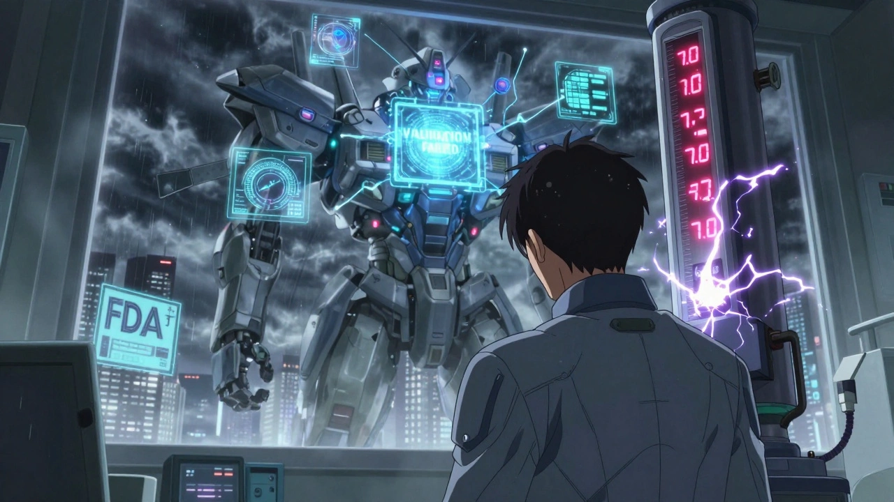 A technician faces a failing pH meter as a glowing AI validation system flashes red warnings.