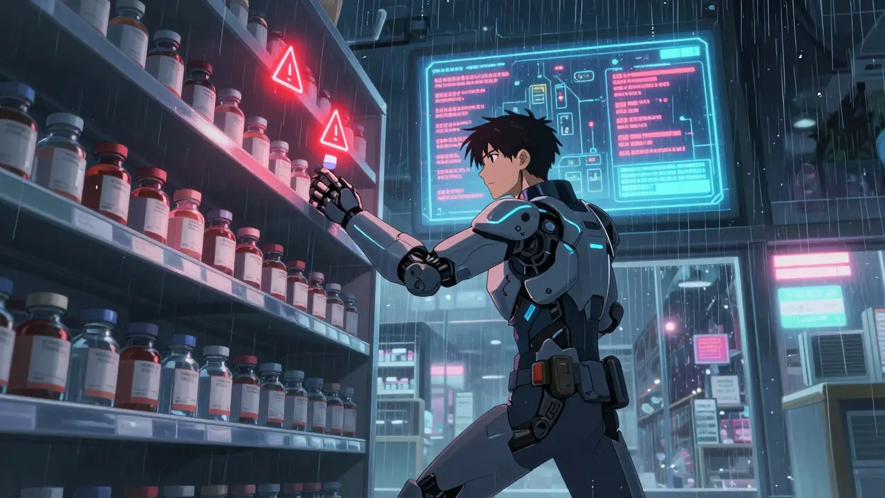 A technician in an exosuit pulls recalled insulin vials as red warning symbols flash above bottles under rainy pharmacy windows.