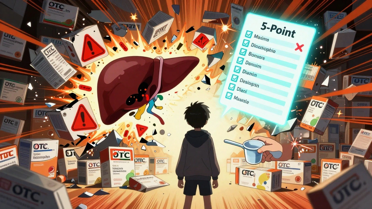 A teen faces exploding medicine boxes as a 5-Point Check hologram glows above them.