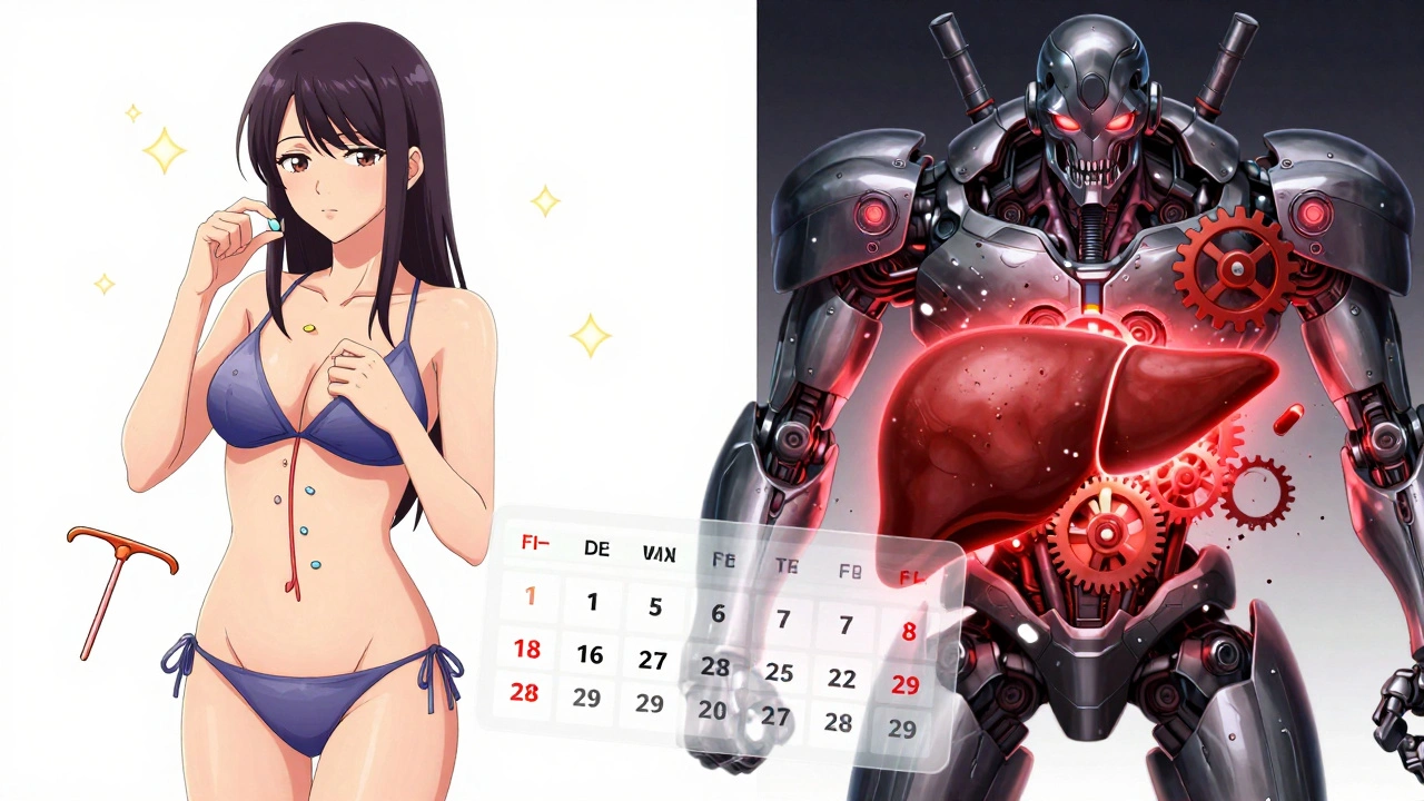 A woman takes birth control while harmless antibiotics dissolve into sparkles; on the other side, rifampin and rifabutin destroy hormone molecules inside a mechanical liver.