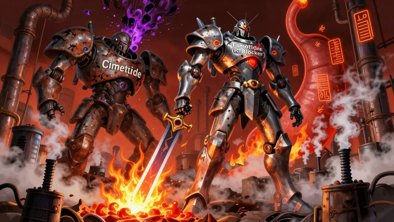 An armored H2 blocker knight defeating acid flames in a mechanical stomach landscape, with a failing cimetidine mech exploding.