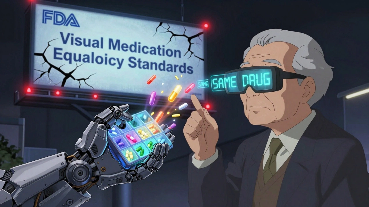 An elderly person uses AR glasses to scan pills in a mechanical organizer as the pills shift and change.