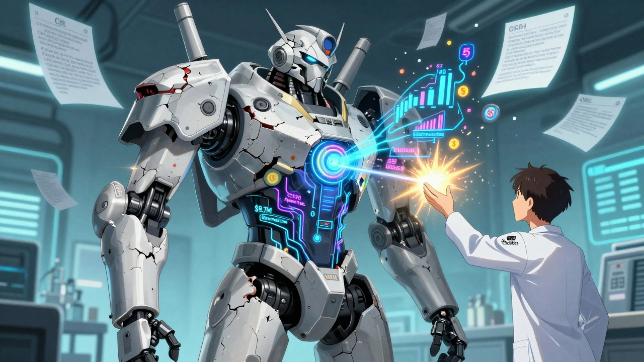 Broken FDA mech with failing approval systems, engineer trying to repair it