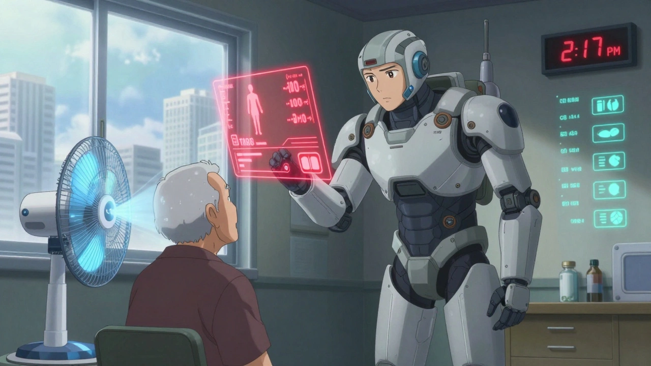 Caregiver in exosuit monitoring senior&#039;s health with holographic data during a heatwave.