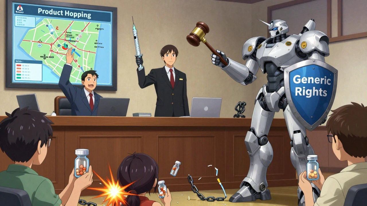 Courtroom scene with judge robot verdicting against a corporate mech manipulating product hopping, pharmacist mech defending generic rights.
