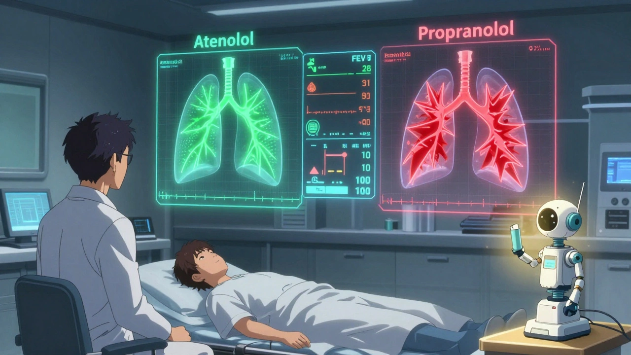 Doctor monitoring holographic lung graphs with atenolol and propranolol mecha icons displaying contrasting airway responses.