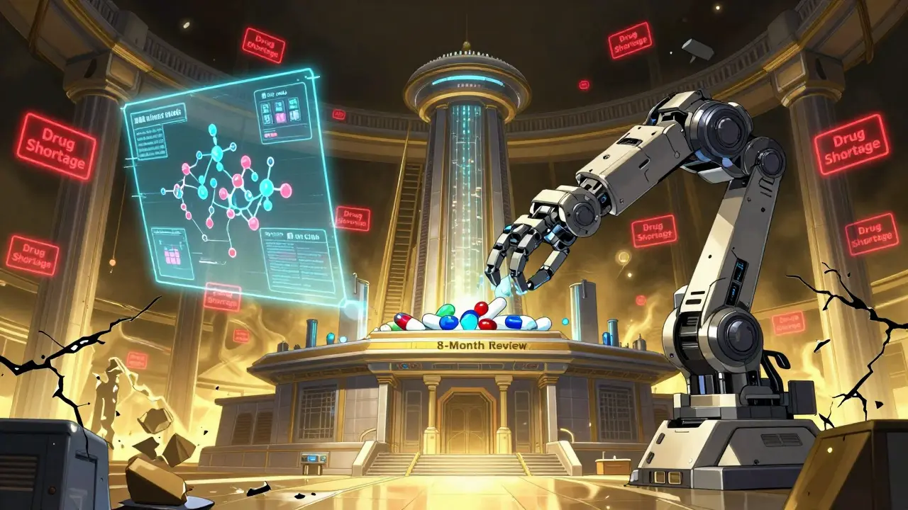 Futuristic FDA control center with holographic drug supply maps and glowing approval systems.