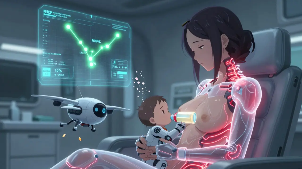Mother breastfeeding while a robotic drone collects milk, with safe medication particles dissolving harmlessly in the air.