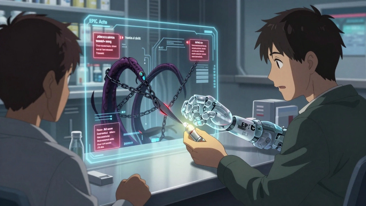 Patient reaching for a generic pill as shadowy payment chains are cut by a glowing EPIC Act mecha-hand.