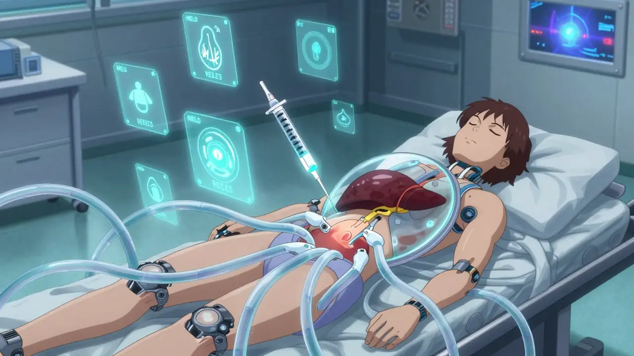 Patient with mechanical probes revealing scarred liver and floating medical symbols.