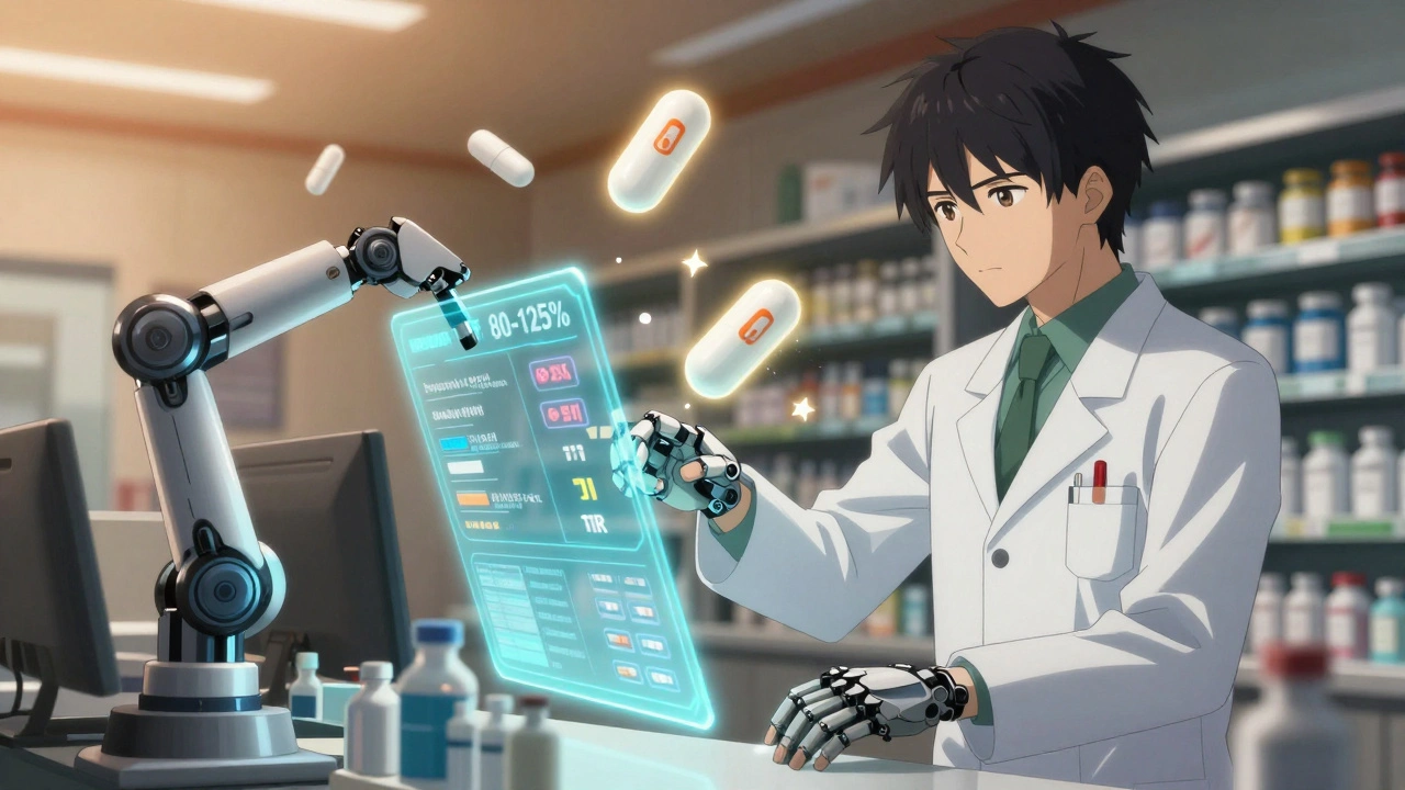 Pharmacist dispensing pills with holographic bioequivalence data, generics transforming into branded versions.