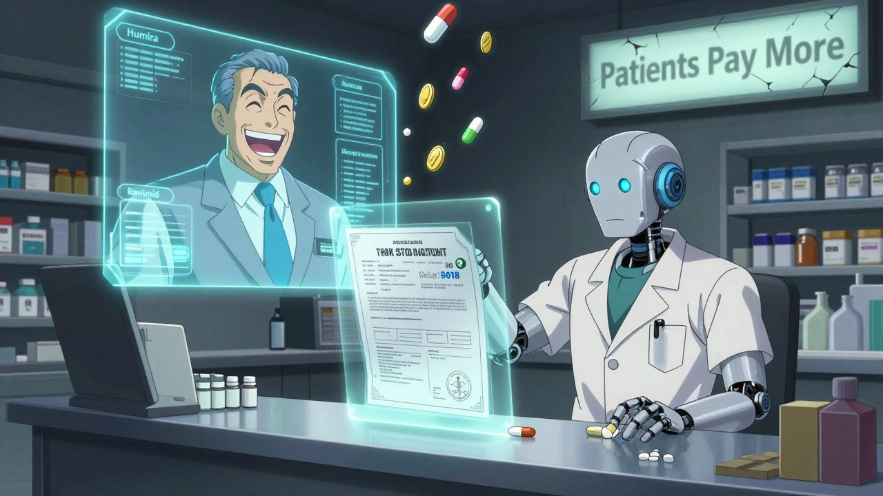 Pharmacist robot blocked by patent force field as expensive brand-name pills rain down in a dystopian pharmacy.