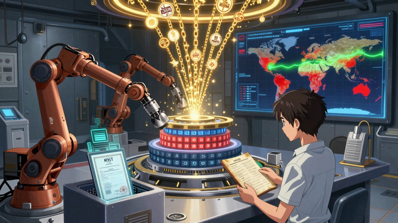 Robotic arms insert quantum standards into a floating SI core while digital certificates replace paper logs.