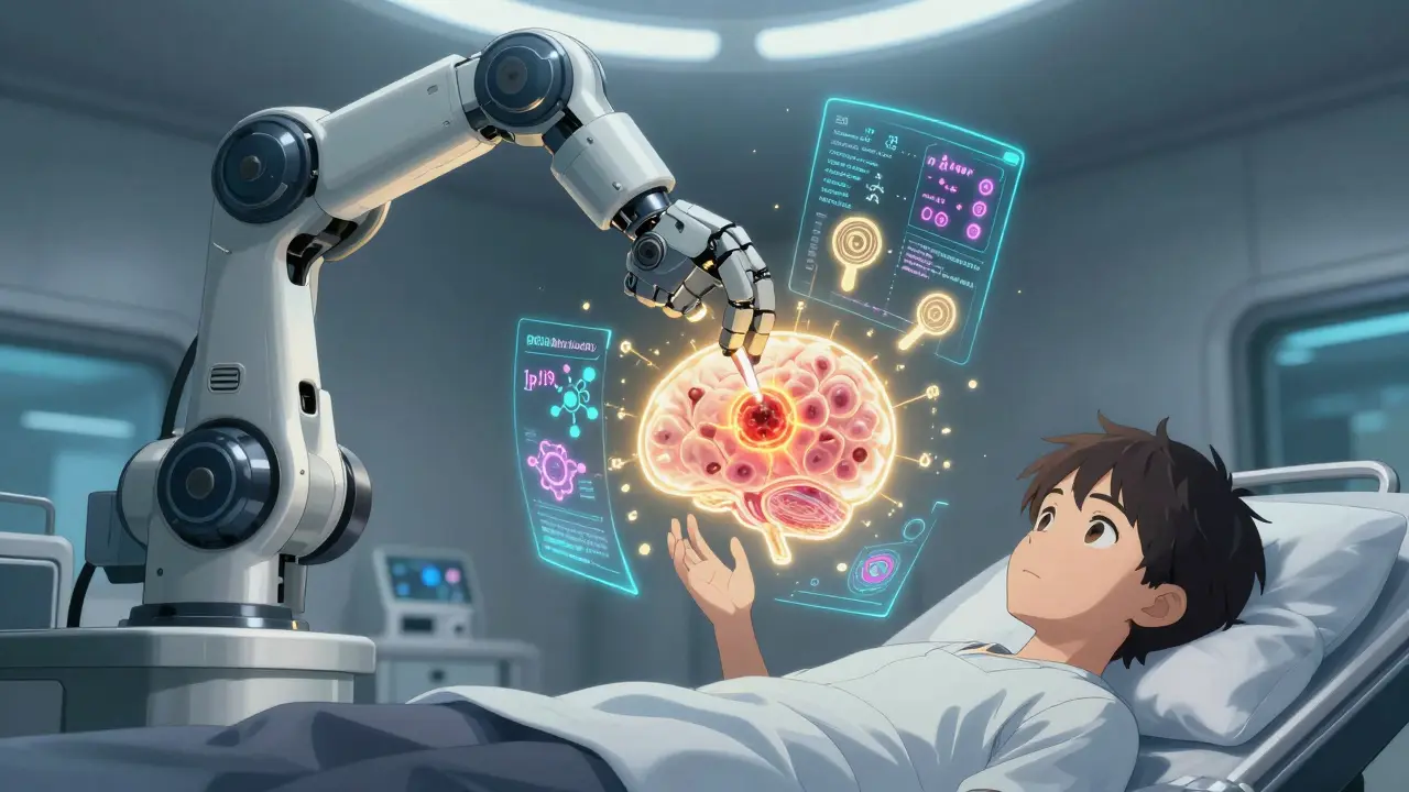 Robotic surgeon extracting a glowing grade 2 tumor with floating molecular data in neon light.