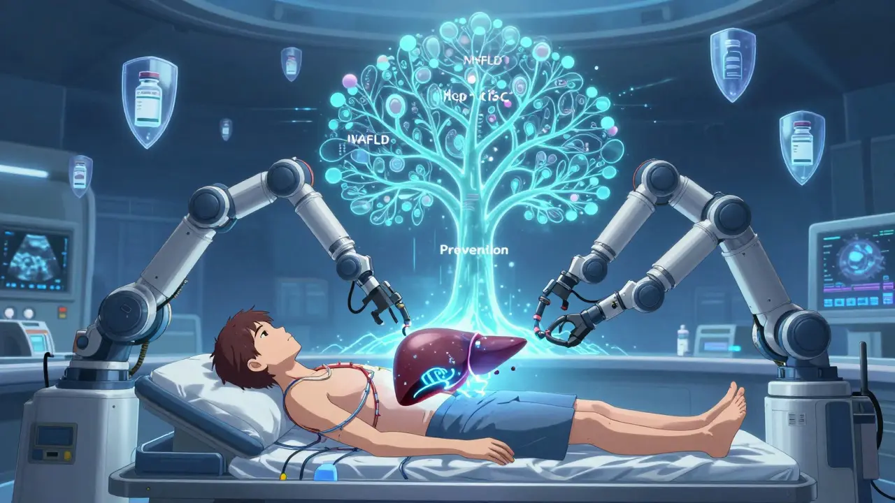 Robotic transplant of a glowing liver with holographic disease branches and prevention shields.