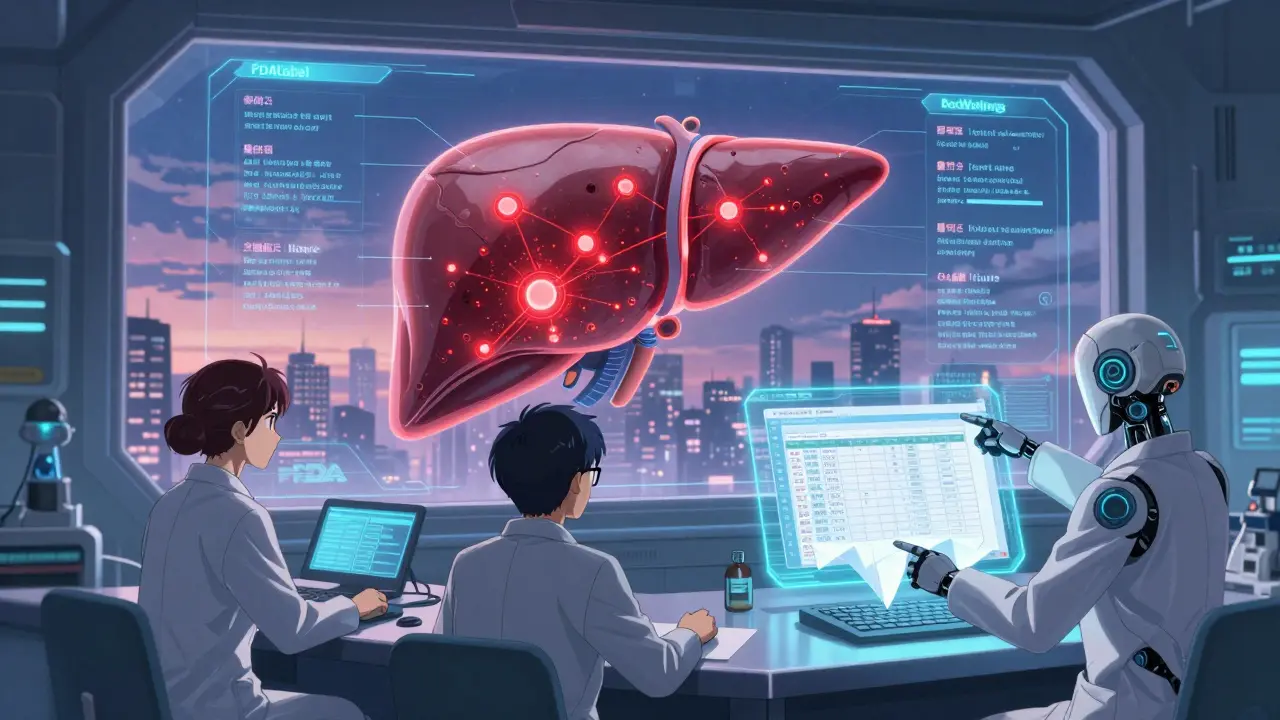 Scientists use a holographic FDALabel console to map drug-induced liver failure across multiple medications.