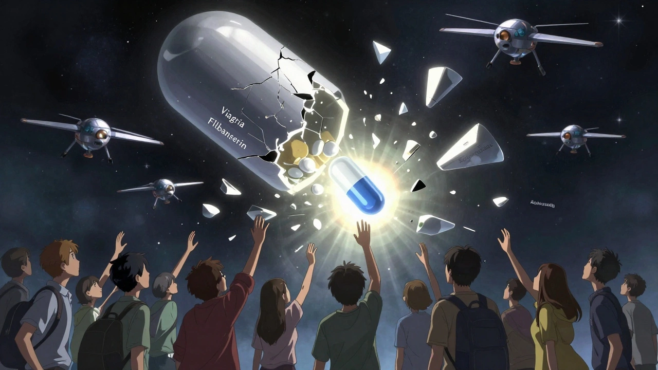 Shattered pill dispersing into treatment drones as people reach for a new breakthrough drug.