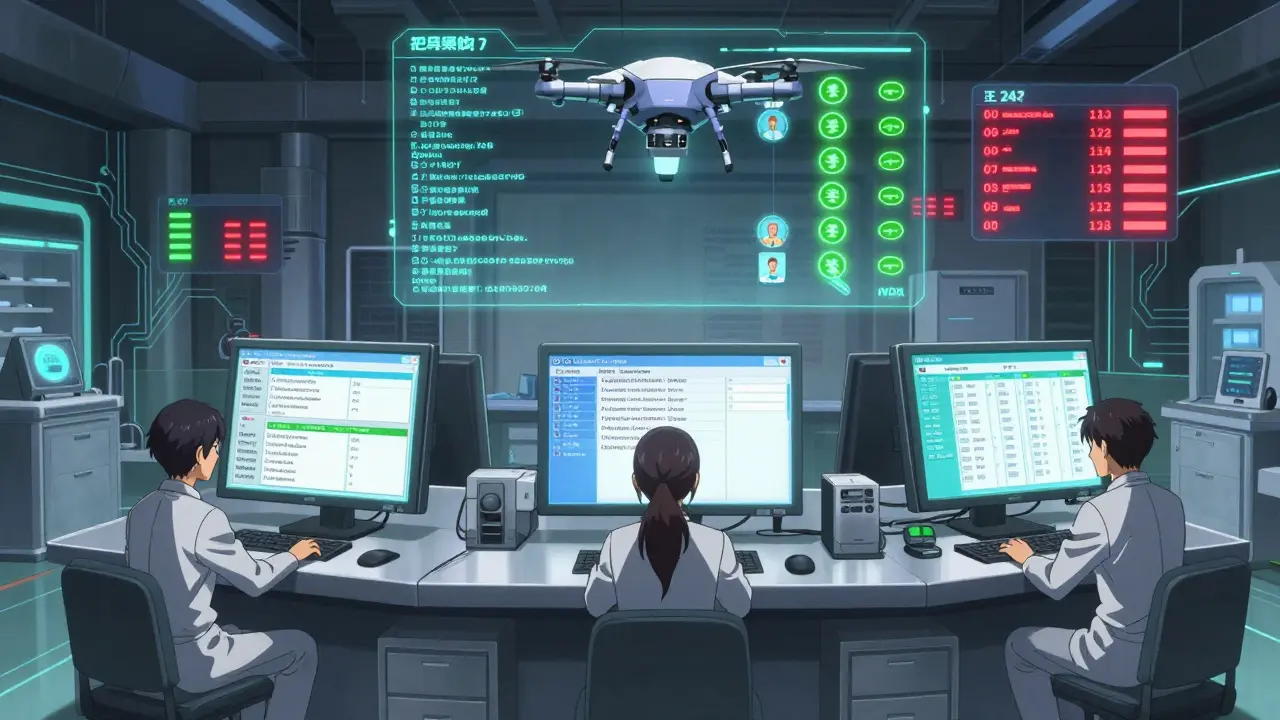 Technicians operate mecha-style terminals in a command center, with a drone projecting a blockchain drug trace and patient notification logs.