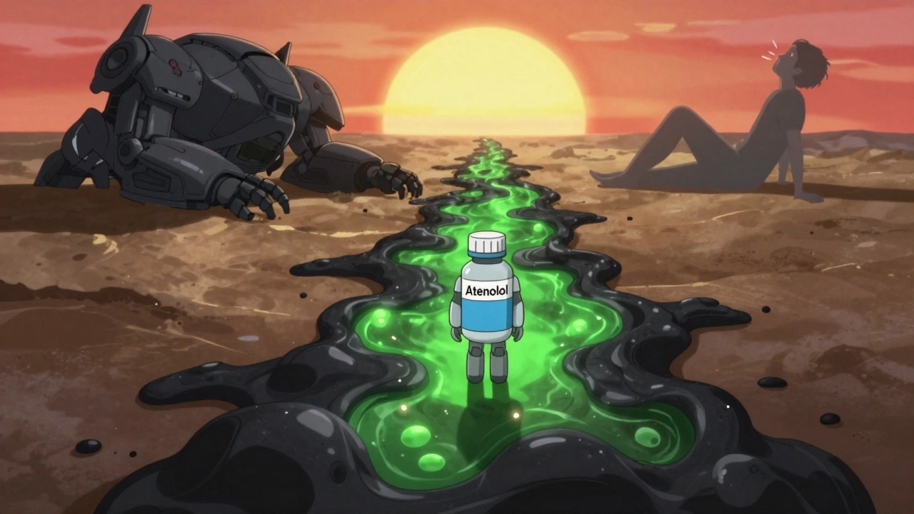 Time-lapse transformation of a constricted airway into a healthy pathway, with atenolol mech neutralizing inflammation and restoring breathing.