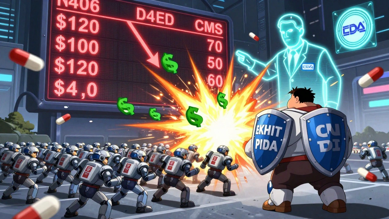 Tiny generic drug soldiers attacking a bloated brand-name drug titan in a price battle battlefield.