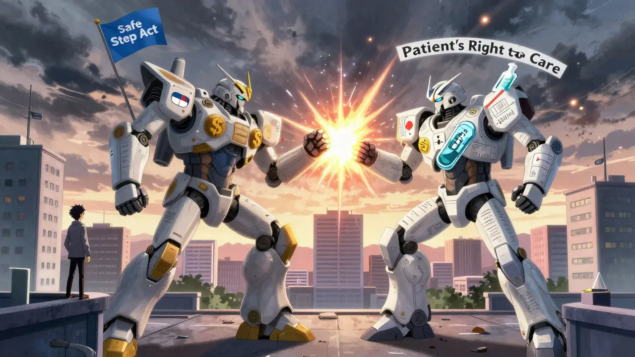 Two giant mechs battling—one representing cost control, the other patient rights—under a hospital cityscape.