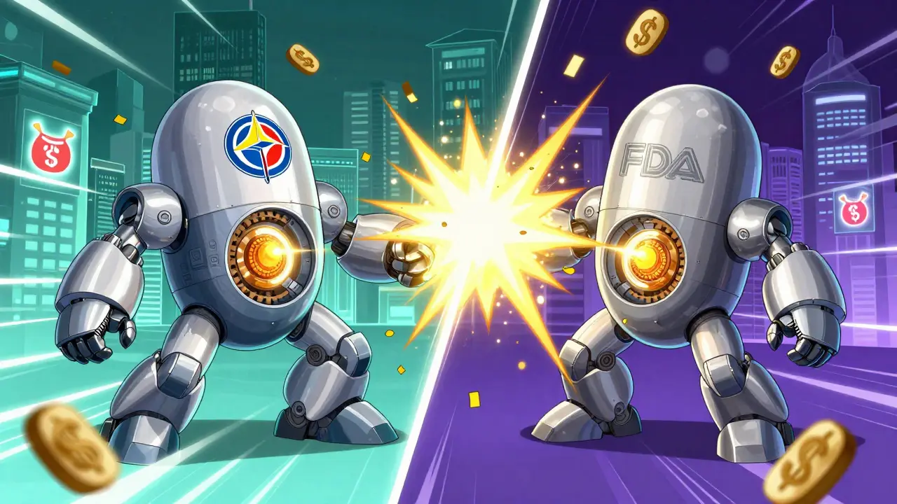 Two identical pill mechs battle, one branded and one plain, as dollar signs explode around them.
