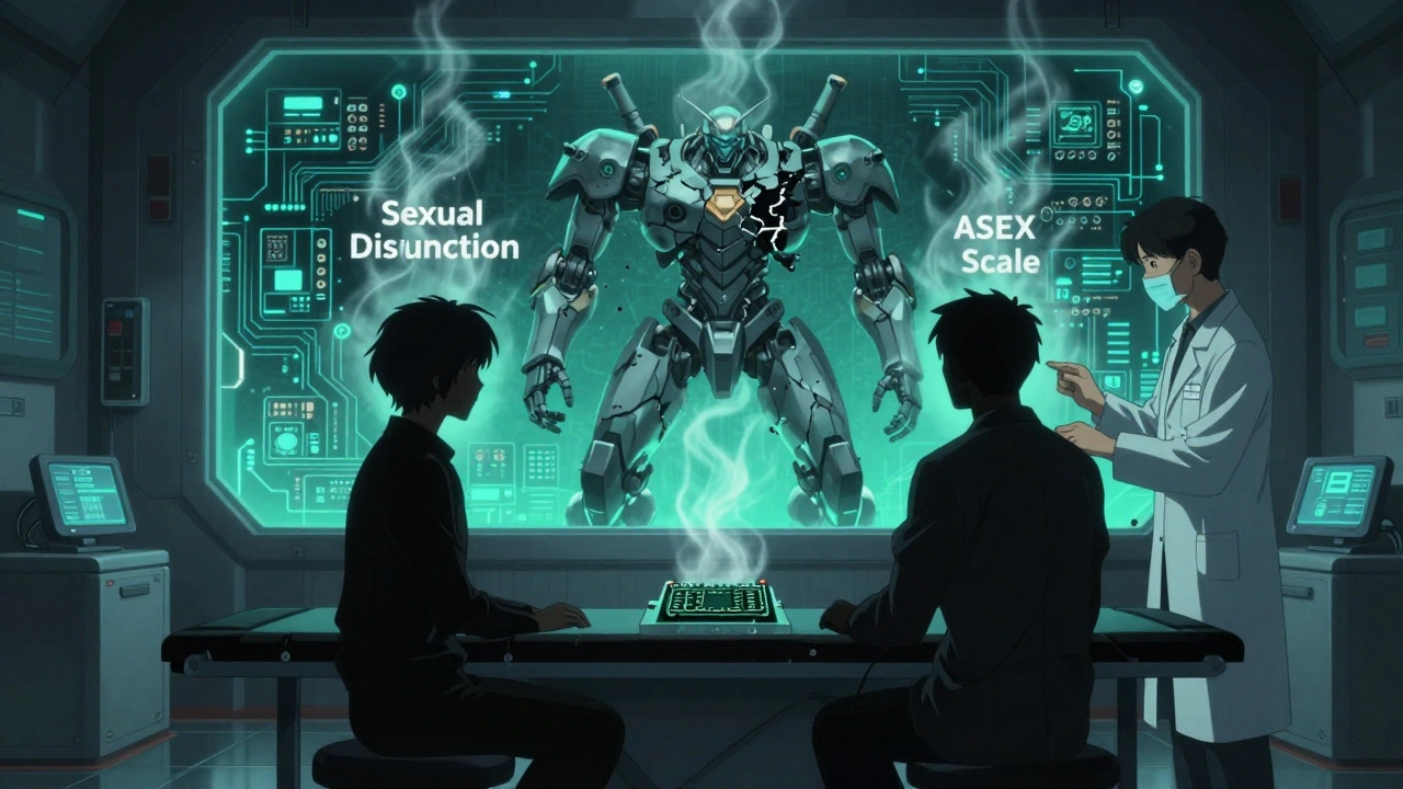 Two people in a therapy chamber with interconnected mecha minds, one being repaired.