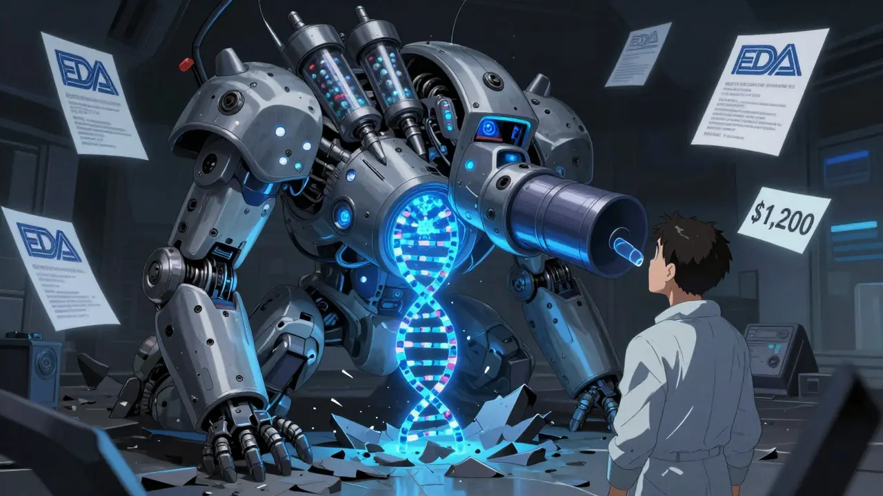 A biomechanical inhaler towers over broken generic copies, glowing with biologic energy.