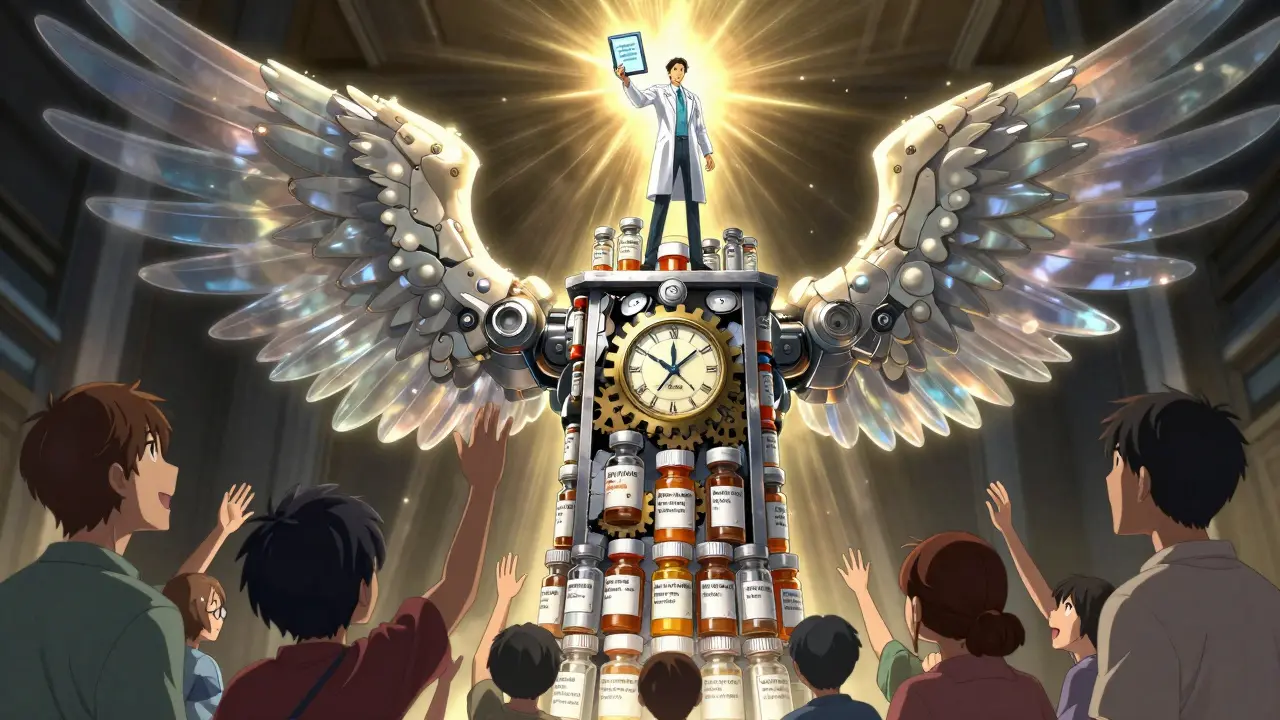 A clocktower made of prescription bottles displays U.S. state laws as patients reach toward light of reform.