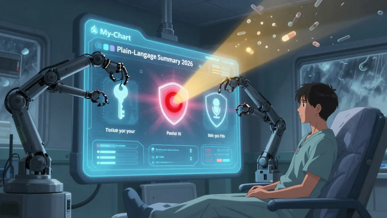 A digital health portal glows with a red alert as mechanical arms deliver tools to understand a drug warning.