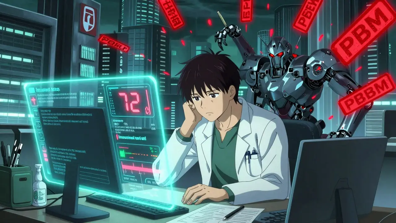 A doctor surrounded by holographic insurer rules and denial stamps, wearing a mechanical exosuit under intense neon lighting.