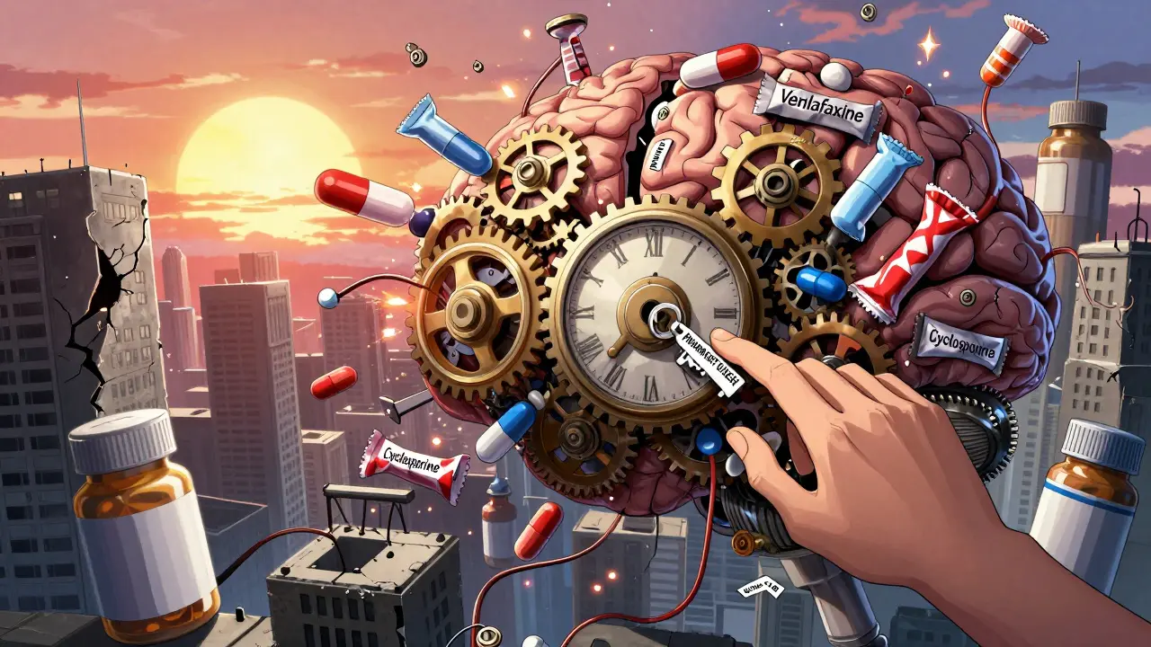 A giant broken clockwork brain made of pills and candy, gears spinning out of control, a hand inserting a key labeled 'PHARMACIST CHECK'.
