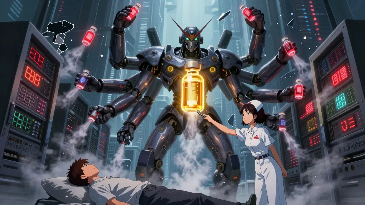 A giant EHR mech with warning arms overwhelming a nurse who disables false alerts in a cyberpunk hospital.