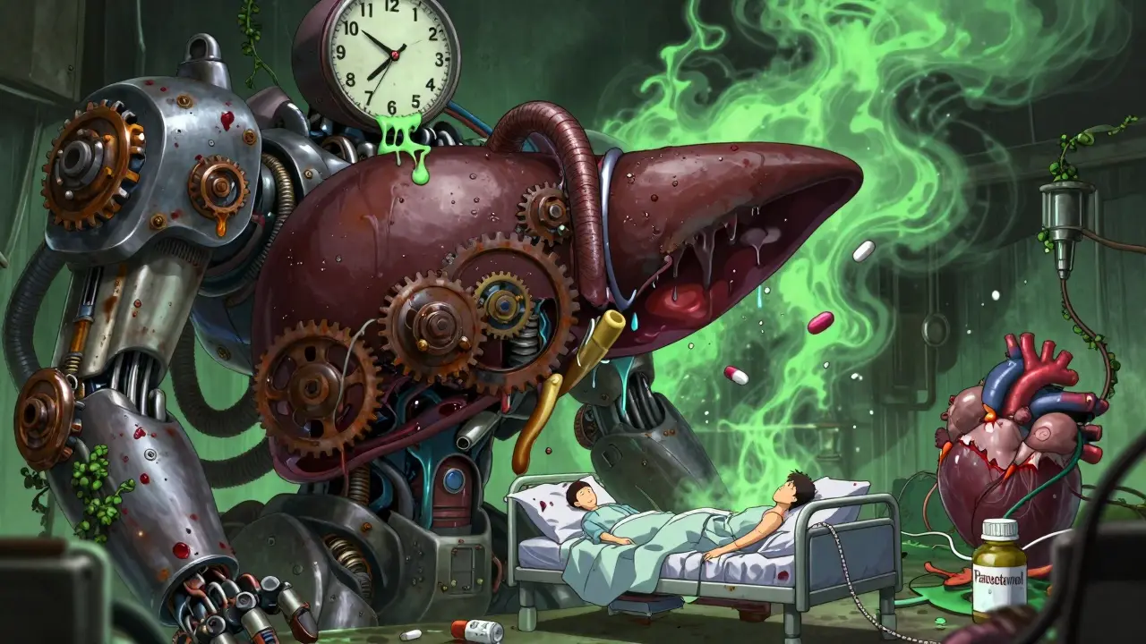 A giant rusted liver made of gears and pipes tower over a hospital bed, with melting clocks and toxic smoke from spilled pills.