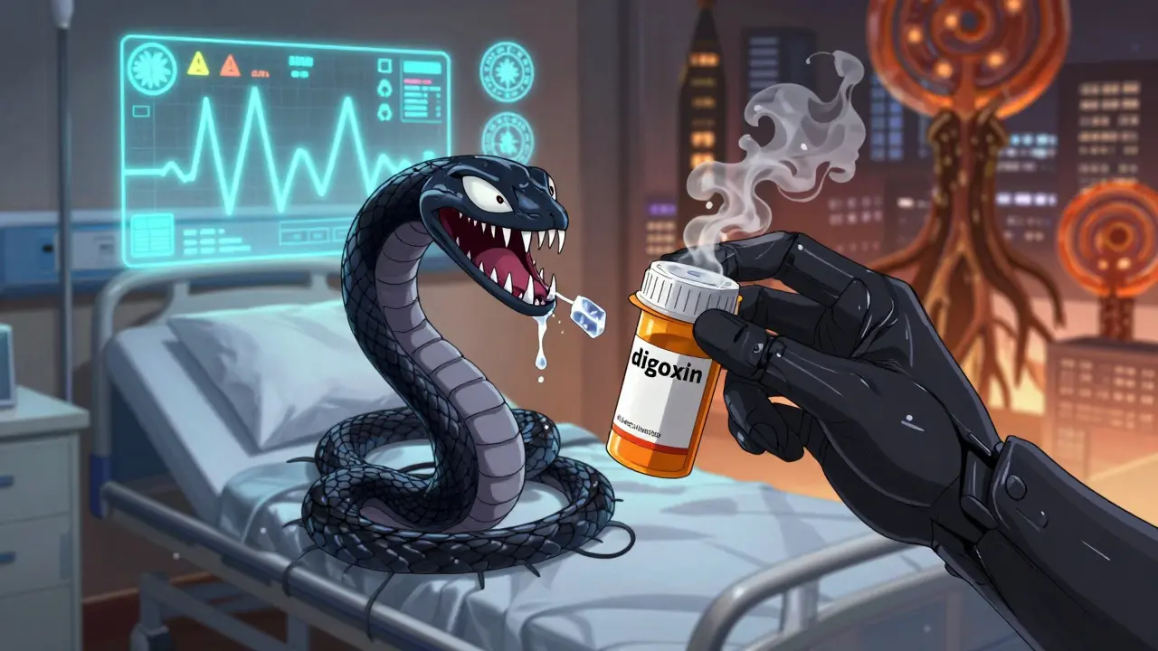 A licorice serpent coiling around a digoxin bottle, potassium crystals vanishing into smoke.