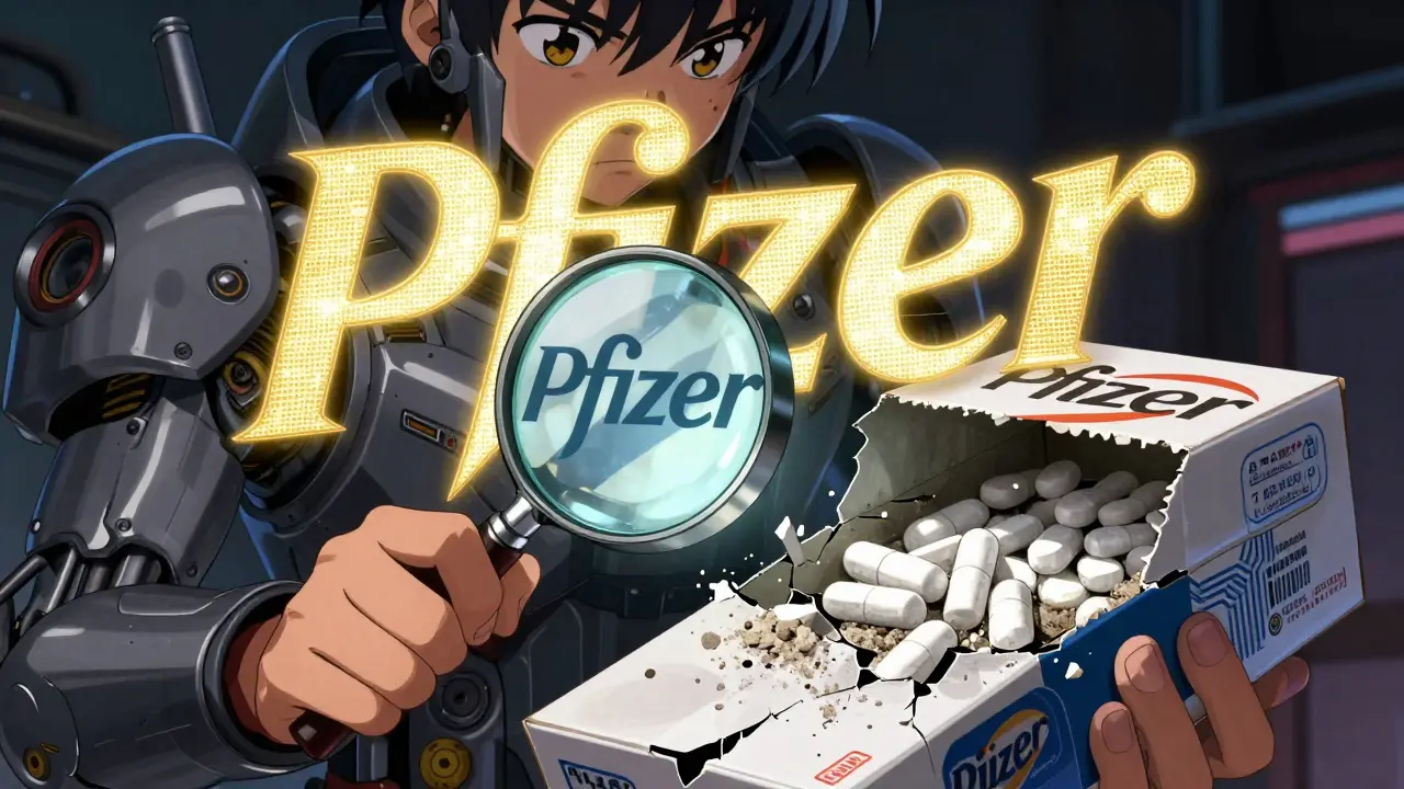 A magnifying glass reveals microtext on real packaging while fake pills crumble into dust.