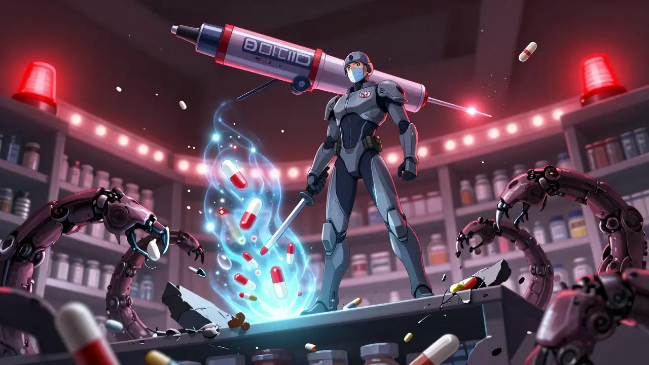 A medic in armored suit fights decay with floating safe pills and a warning EpiPen drone.