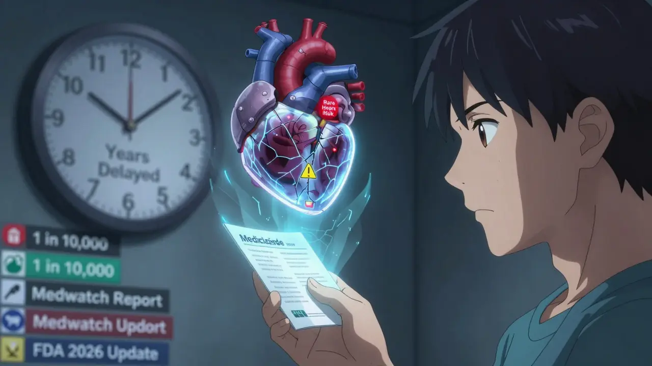 A patient's hand holds a medication guide that transforms into a holographic warning heart with blinking risk symbols.