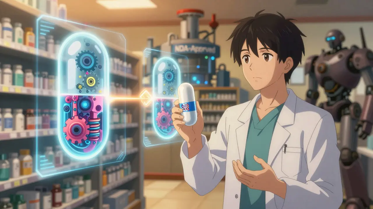 A patient holds two pills with holograms showing identical internal mechanics, one branded, one plain, in a pharmacy lit by warm amber glow.