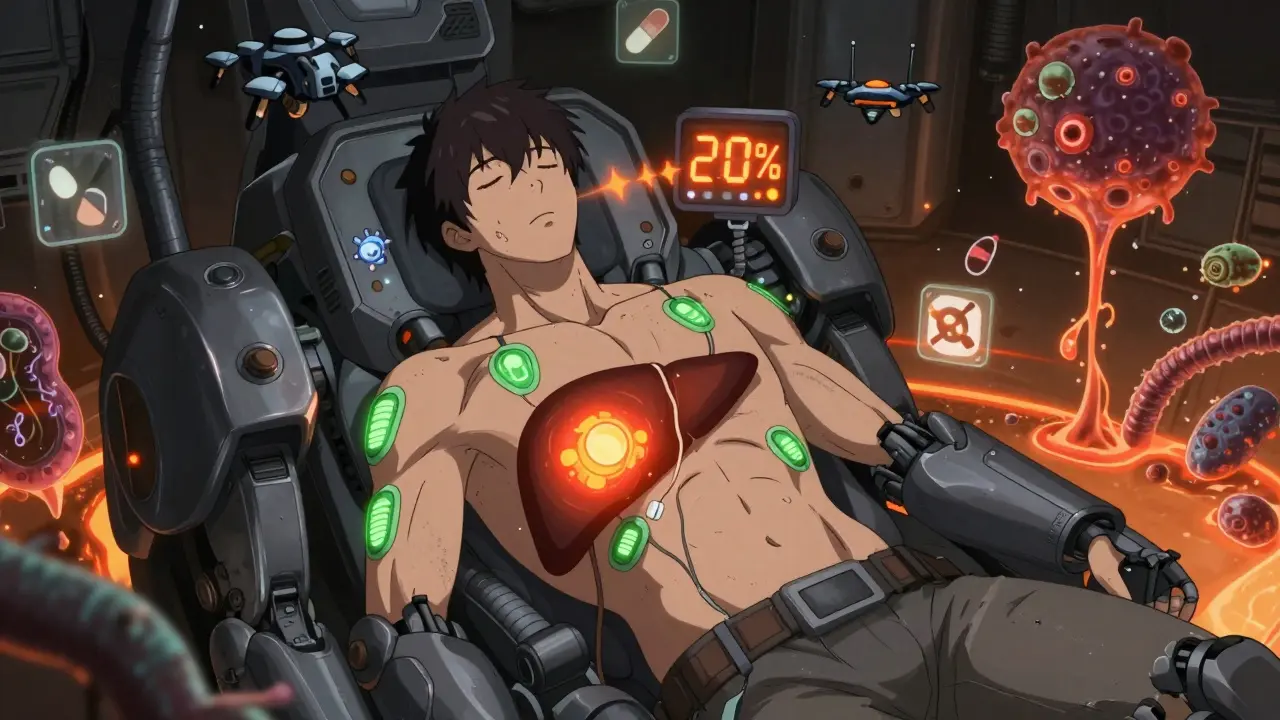 A patient’s body as a failing mech with opioid drones flooding the liver core, fentanyl patches glowing as safe shields, gut bacteria leaking as worms.