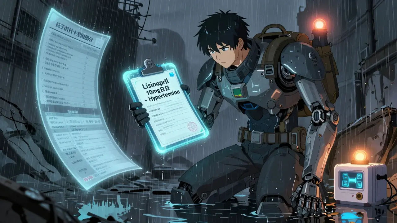A person in ruins holds a glowing medical dossier while digital medication info floats around them.