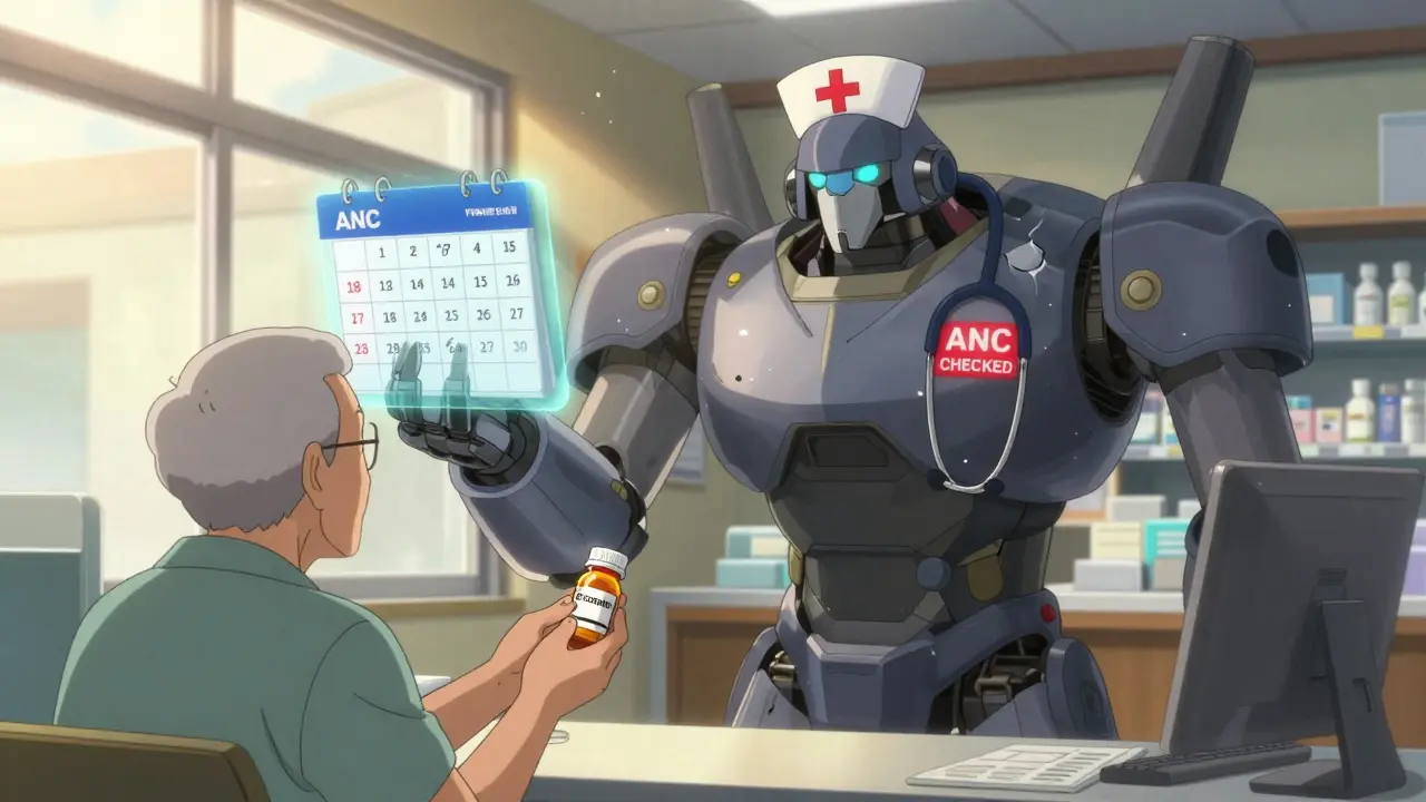 A pharmacist hands clozapine to a patient as a friendly mecha nurse displays a monitoring timeline.