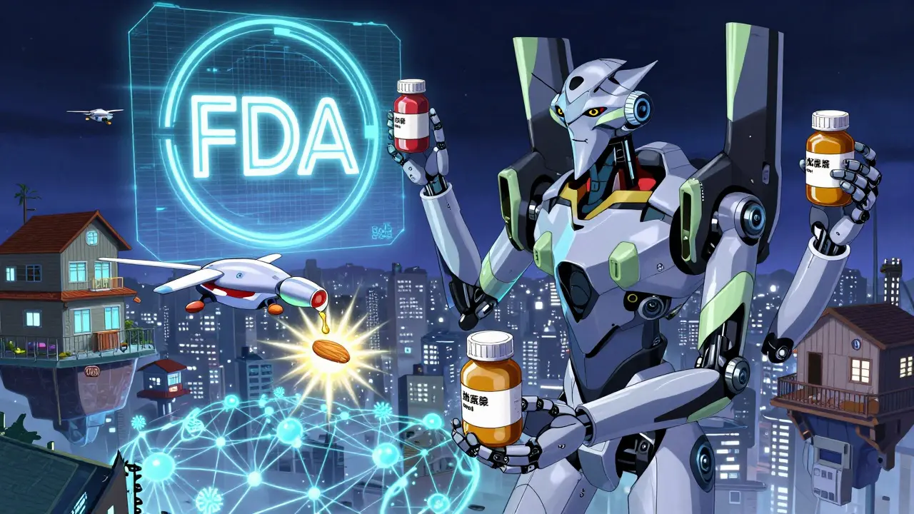 A pharmacy robot deploying food drones with color-coded pills in a futuristic city, mecha anime style.