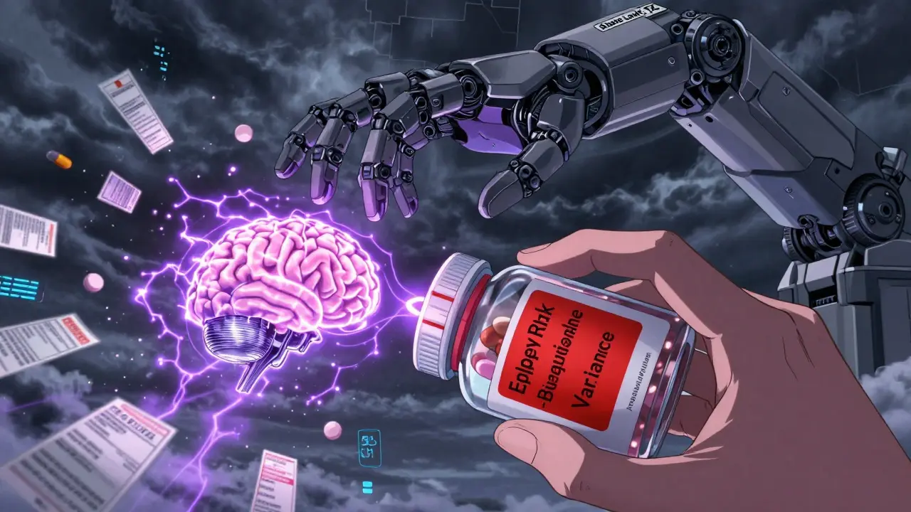 A pill bottle glows with a warning label as mechanical arms and state laws loom above in a surreal scene.