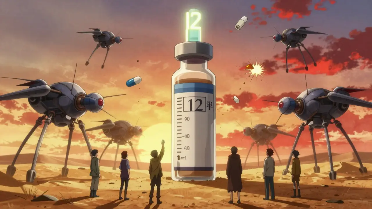A sacred insulin monolith stands in a desert of pill bottles as biosimilar drones fail to copy it.