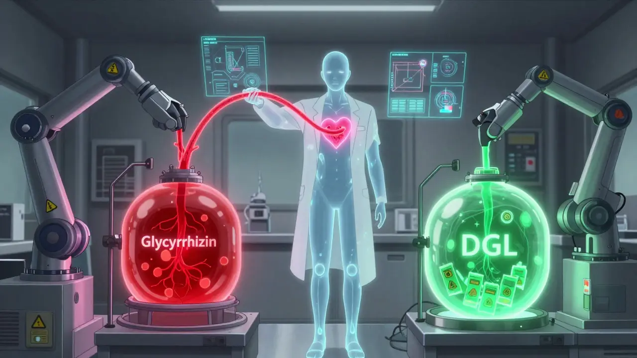 A scientist separating licorice into toxic and safe streams, with a patient's body glowing with warning signs.