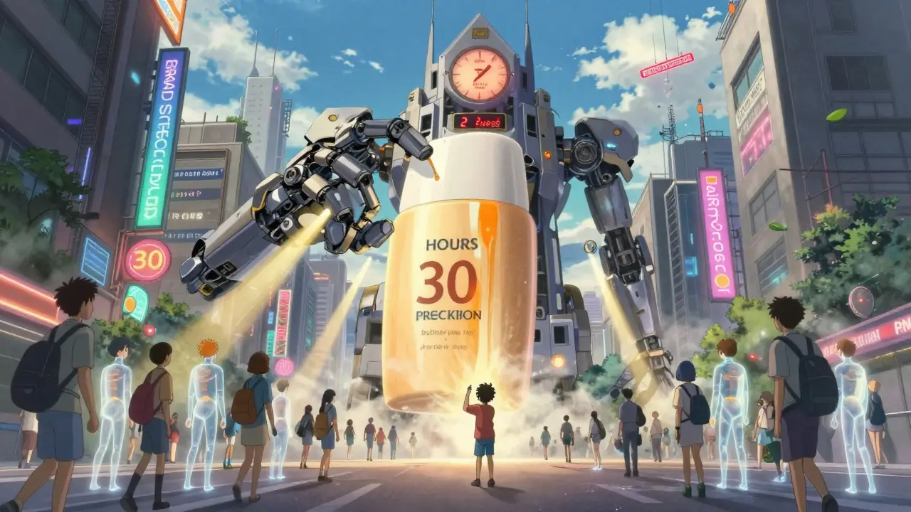 A towering automated sunscreen dispenser tower servicing pedestrians in a cyberpunk city, with a child ignoring it.