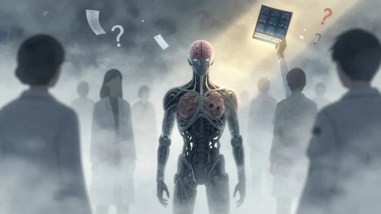 A transparent survivor stands in fog, revealing tangled brain cables, while ghostly doctors turn away and medical appointment slips float like snow.